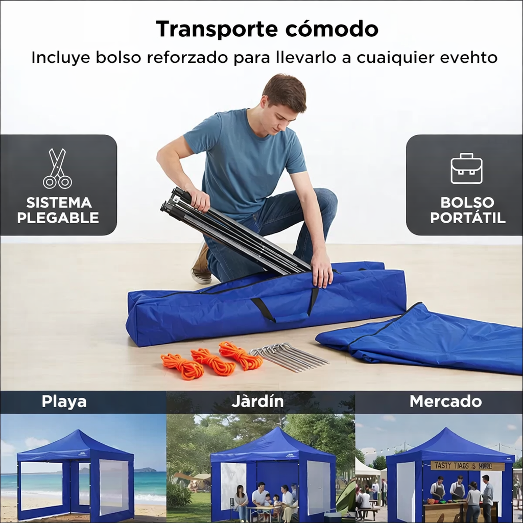 Gazebo 3x3 m Plegable Reforzado con 3 Paredes – Protección Total para Eventos y Exterior