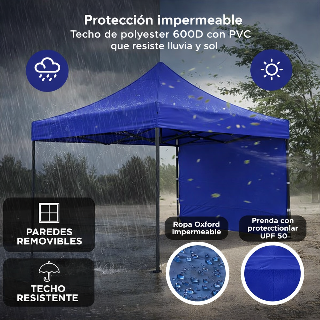 Gazebo 3x3 m Plegable Reforzado con 3 Paredes – Protección Total para Eventos y Exterior