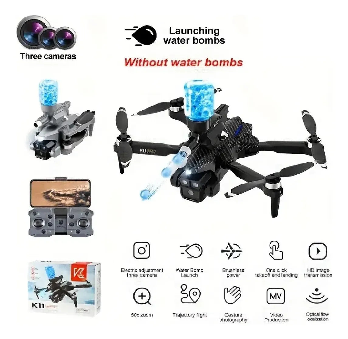 Drone K11 Max Shoot 4K Profesional – Triple Cámara HD + Lanzador Hidrogel